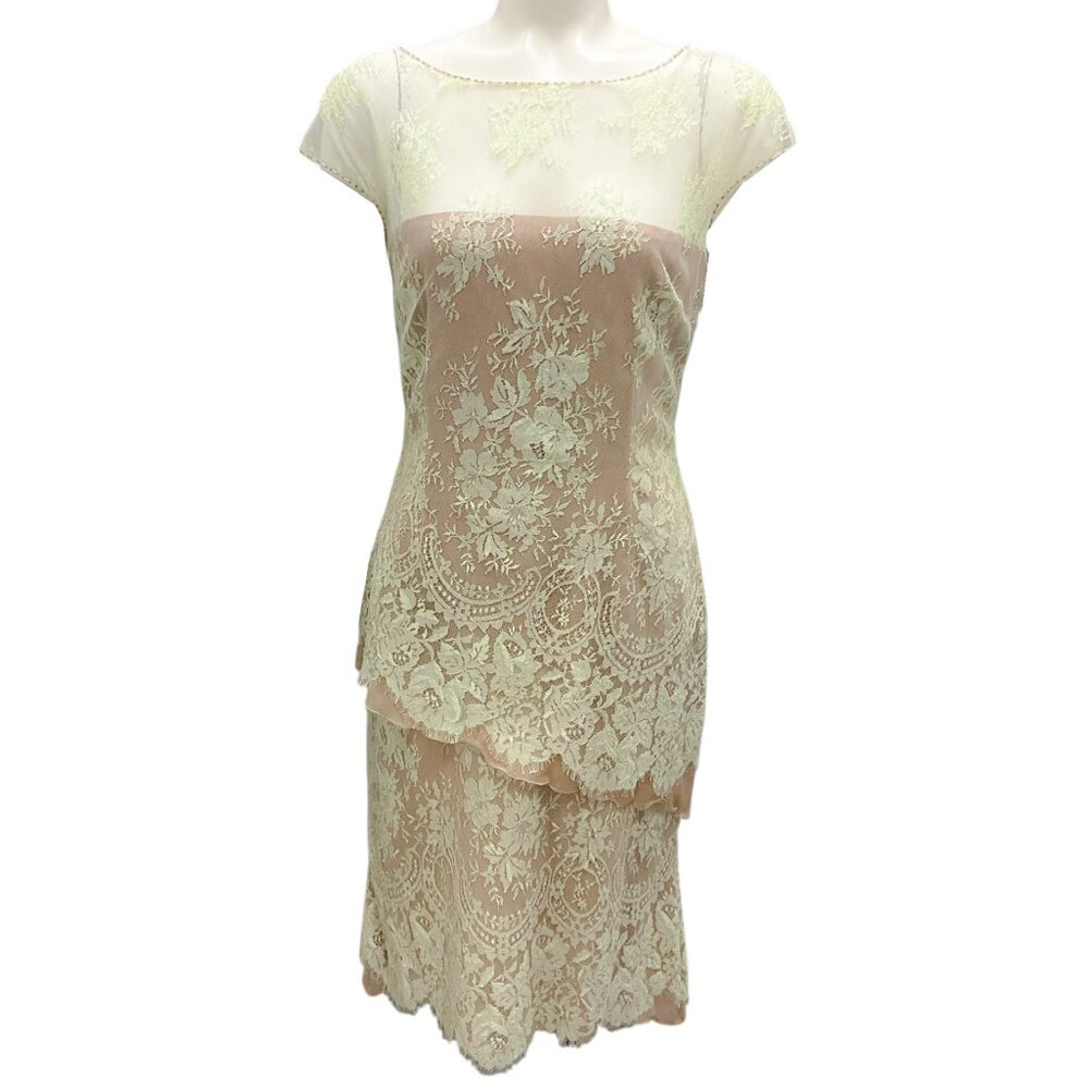 Angel Sanchez Lime / Beige Lace Overlay Cocktail Dress